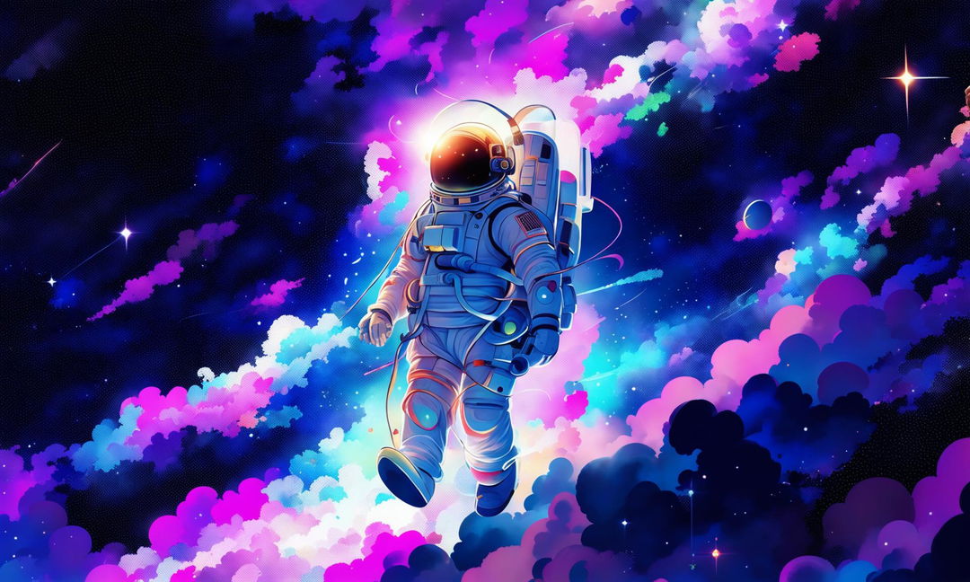 A strikingly intricate digital art album cover featuring a lone astronaut amidst dreamlike cosmic clouds and nebulae, bathed in the ethereal glow of a distant galaxy.