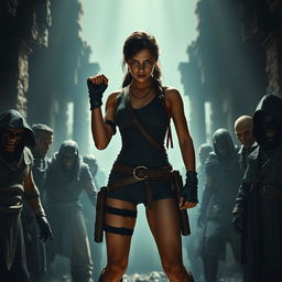 A cinematic scene featuring Lara Croft in a bold and artistic pose, embodying strength and defiance