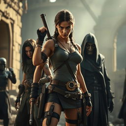 A cinematic scene featuring Lara Croft in a bold and artistic pose, embodying strength and defiance