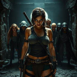 A cinematic scene featuring Lara Croft in a bold and artistic pose, embodying strength and defiance
