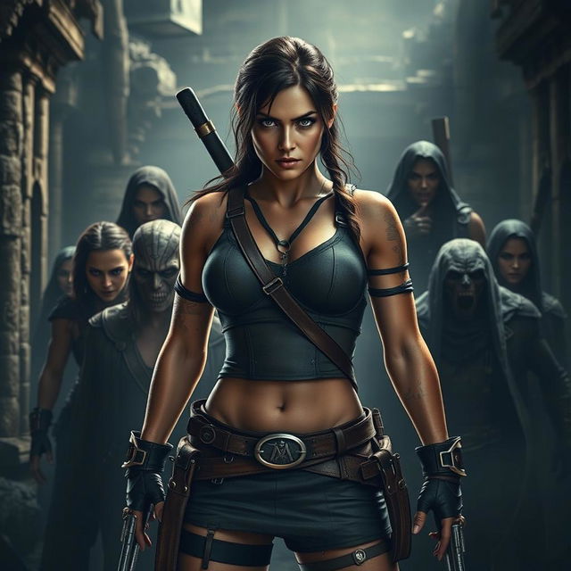 A cinematic scene featuring Lara Croft in a bold and artistic pose, embodying strength and defiance