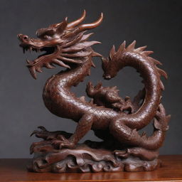 A finely detailed Chinese dragon statue, carved from rich mahogany wood. The dragon is stylized to resemble the figure '3'.