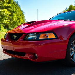 A stunning Ford Mustang from 1999 parked on a scenic road, showcasing its classic muscle car design with a shiny red exterior and distinctive hood vents