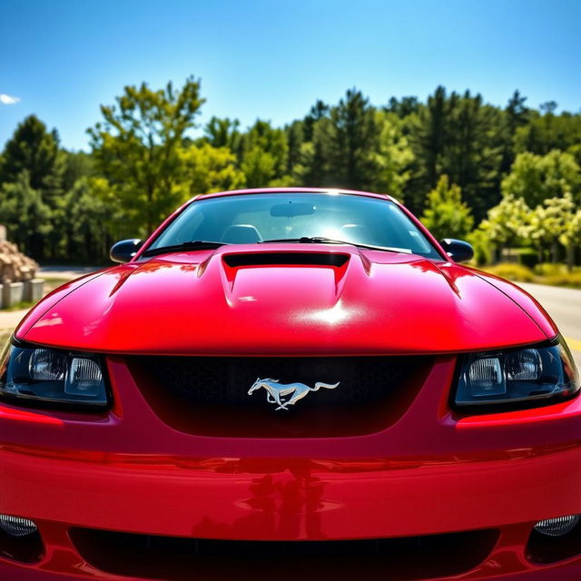 A stunning Ford Mustang from 1999 parked on a scenic road, showcasing its classic muscle car design with a shiny red exterior and distinctive hood vents