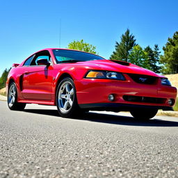 A stunning Ford Mustang from 1999 parked on a scenic road, showcasing its classic muscle car design with a shiny red exterior and distinctive hood vents