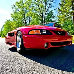 A stunning Ford Mustang from 1999 parked on a scenic road, showcasing its classic muscle car design with a shiny red exterior and distinctive hood vents