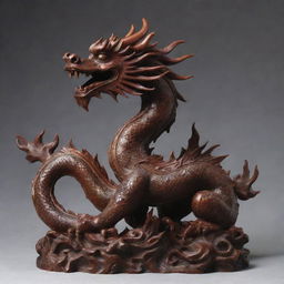 A finely detailed Chinese dragon statue, carved from rich mahogany wood. The dragon is stylized to resemble the figure '3'.