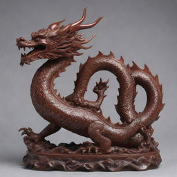 A finely detailed Chinese dragon statue, carved from rich mahogany wood. The dragon is stylized to resemble the figure '3'.