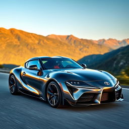 A stunning, high-performance Toyota Supra GT parked on a scenic mountain road