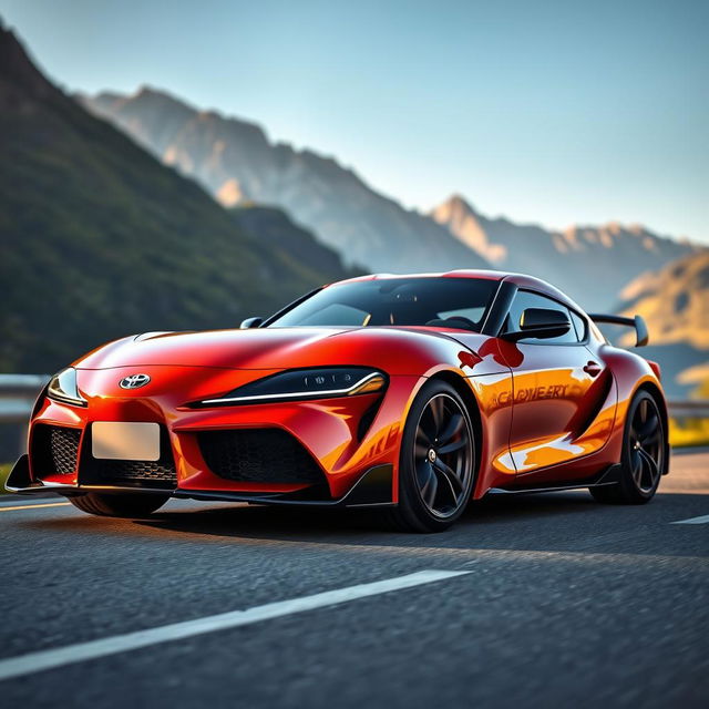 A stunning, high-performance Toyota Supra GT parked on a scenic mountain road