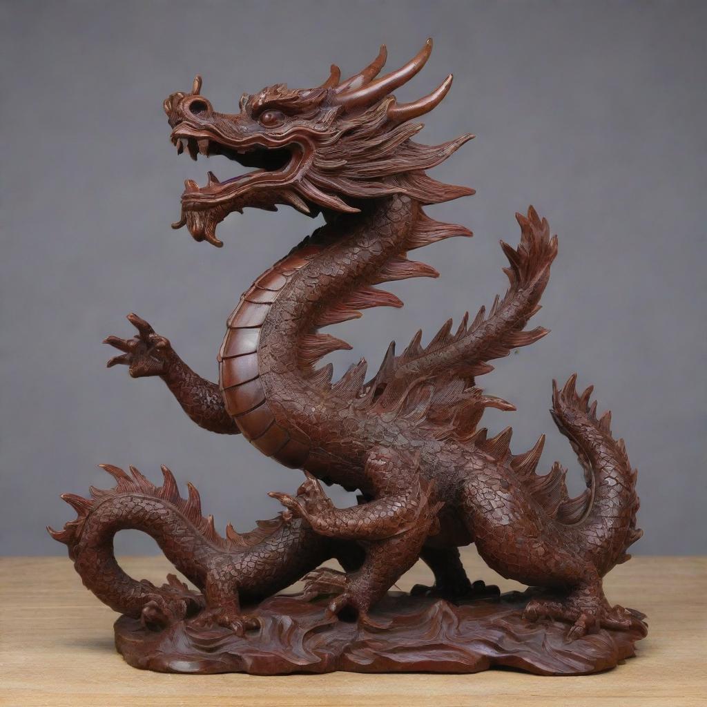 A finely detailed Chinese dragon statue, carved from rich mahogany wood. The dragon is stylized to resemble the figure '3'.