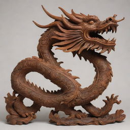 An intricately carved Chinese dragon, created out of warm-toned wood. The dragon's body is artfully twisted to resemble the number '3'.