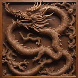 An intricately carved Chinese dragon, created out of warm-toned wood. The dragon's body is artfully twisted to resemble the number '3'.