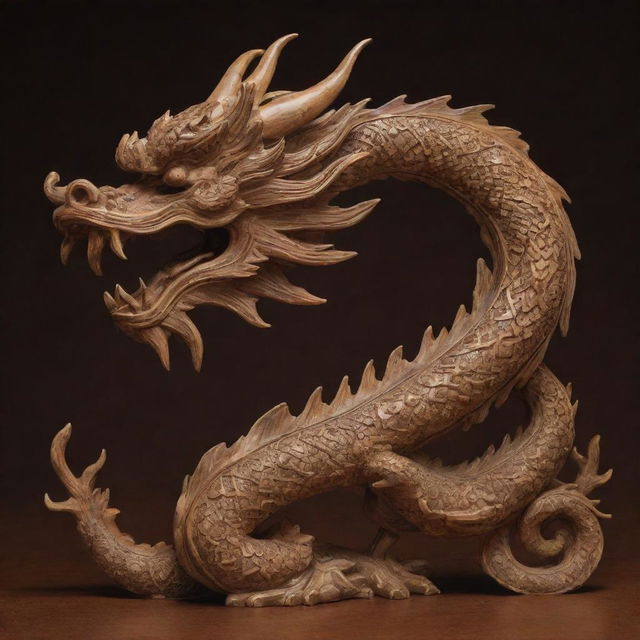 An intricately carved Chinese dragon, created out of warm-toned wood. The dragon's body is artfully twisted to resemble the number '3'.