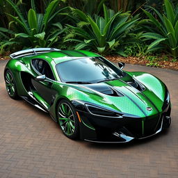 A sleek and striking car inspired by the design of a snake, featuring smooth, curved lines mimicking the scales and shape of a serpent
