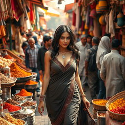 A sultry yet tasteful depiction of an Arab woman in traditional attire, gracefully navigating a bustling market filled with a diverse crowd of men and shoppers