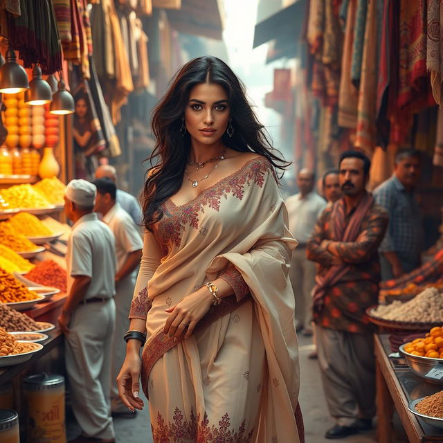 A sultry yet tasteful depiction of an Arab woman in traditional attire, gracefully navigating a bustling market filled with a diverse crowd of men and shoppers