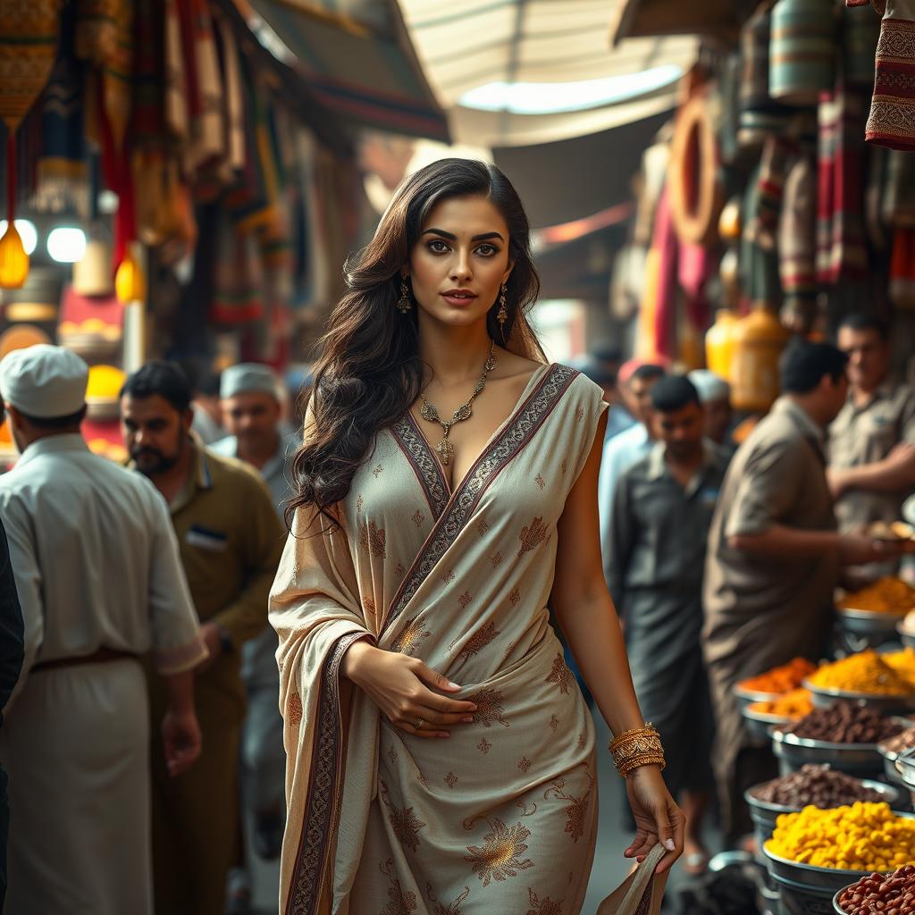 A sultry yet tasteful depiction of an Arab woman in traditional attire, gracefully navigating a bustling market filled with a diverse crowd of men and shoppers