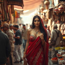 A sultry yet tasteful depiction of an Arab woman in traditional attire, gracefully navigating a bustling market filled with a diverse crowd of men and shoppers