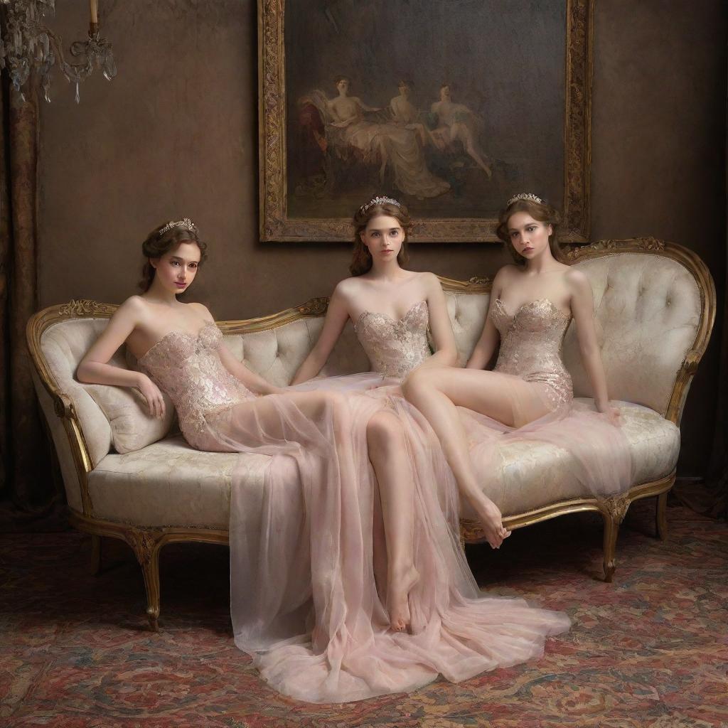 Elegant nymphs posing gracefully on a luxurious divan, all set for an enchanting painting.