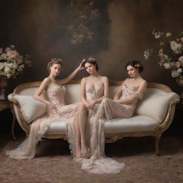 Elegant nymphs posing gracefully on a luxurious divan, all set for an enchanting painting.