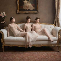 Elegant nymphs posing gracefully on a luxurious divan, all set for an enchanting painting.