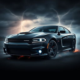 A powerful and dynamic Dodge Charger depicted as if it has been resurrected, featuring a dramatic design that blends classic muscle car aesthetics with modern enhancements