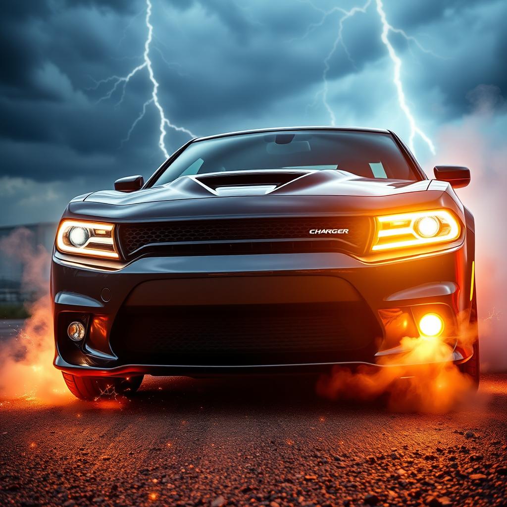 A powerful and dynamic Dodge Charger depicted as if it has been resurrected, featuring a dramatic design that blends classic muscle car aesthetics with modern enhancements