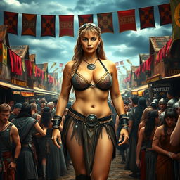 A powerful scene showcasing Xena, the warrior princess, confidently wearing a bikini that accentuates her strong physique and big cleavage