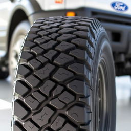 A close-up view of a Ford Cargo tire showcasing its robust design and heavy-duty tread patterns, highlighting the tire's durability and performance