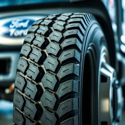 A close-up view of a Ford Cargo tire showcasing its robust design and heavy-duty tread patterns, highlighting the tire's durability and performance