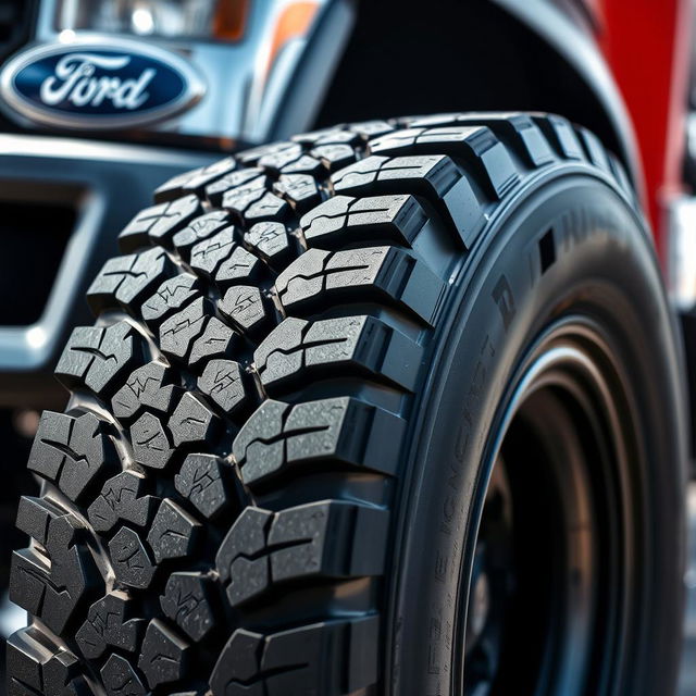 A close-up view of a Ford Cargo tire showcasing its robust design and heavy-duty tread patterns, highlighting the tire's durability and performance