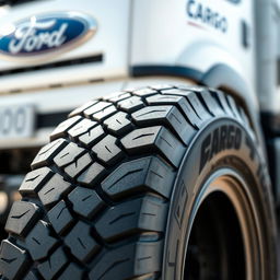 A close-up view of a Ford Cargo tire showcasing its robust design and heavy-duty tread patterns, highlighting the tire's durability and performance