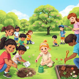 A heartwarming scene of children participating in community service activities focused on environmental care