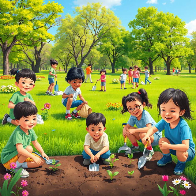 A heartwarming scene of children participating in community service activities focused on environmental care