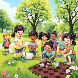 A heartwarming scene of children participating in community service activities focused on environmental care