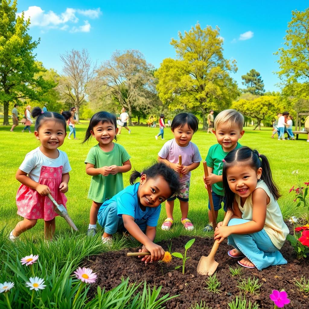 A heartwarming scene of children participating in community service activities focused on environmental care