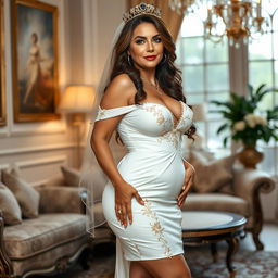 A full-body image of a sexy mature woman, 57 years old, with long wavy brown hair and light brown eyes, embodying Latin features with a beautiful, curvy figure