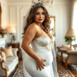 A full-body image of a sexy mature woman, 57 years old, with long wavy brown hair and light brown eyes, embodying Latin features with a beautiful, curvy figure
