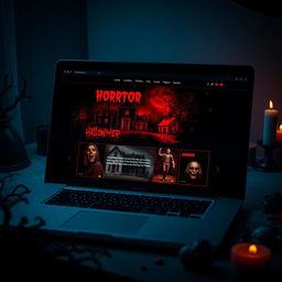 A close-up view of a modern laptop screen displaying a horror-themed webpage