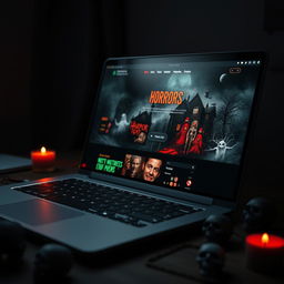 A close-up view of a modern laptop screen displaying a horror-themed webpage