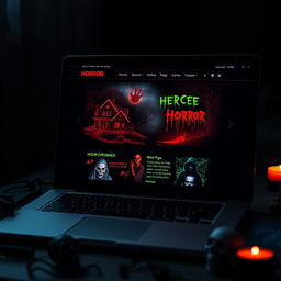 A close-up view of a modern laptop screen displaying a horror-themed webpage