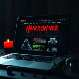 A close-up view of a modern laptop screen displaying a horror-themed webpage