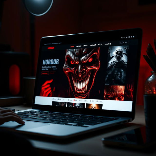 A close-up view of a modern laptop screen displaying a horror-themed webpage featuring a terrifying face