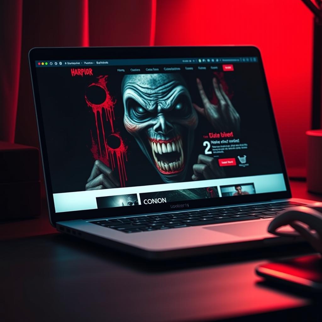 A close-up view of a modern laptop screen displaying a horror-themed webpage featuring a terrifying face