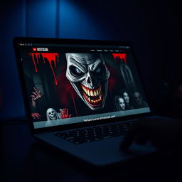 A close-up view of a modern laptop screen displaying a horror-themed webpage featuring a terrifying face