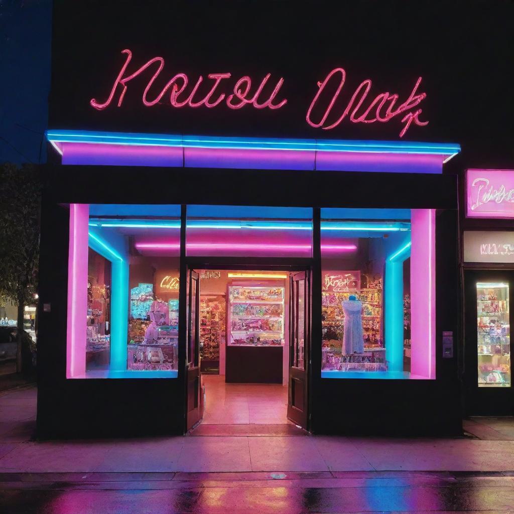 A vibrant boutique framed by bright neon lights, showcasing the vivid and dazzling colors against the night sky.