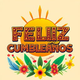 A vibrant, colorful birthday greeting featuring the words 'FELIZ CUMPLEAÑOS' in intricate Aztec typography