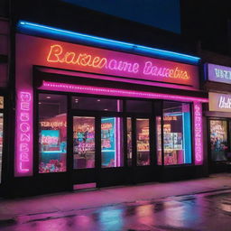 A vibrant boutique framed by bright neon lights, showcasing the vivid and dazzling colors against the night sky.