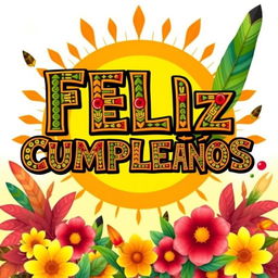 A vibrant, colorful birthday greeting featuring the words 'FELIZ CUMPLEAÑOS' in intricate Aztec typography